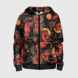 Толстовка на молнии детская Красная лошадь с розами, цвет: 3D-черный