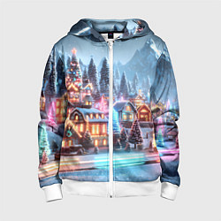 Толстовка на молнии детская Городок в новогодних огоньках, цвет: 3D-белый