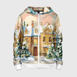 Толстовка на молнии детская Новогодний город, цвет: 3D-белый