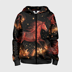Толстовка на молнии детская Огненные лошади - паттерн, цвет: 3D-черный