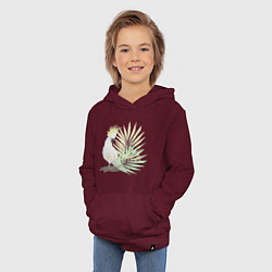 Толстовка детская хлопковая Белый попугай с хохолком на фоне листьев пальмы, цвет: меланж-бордовый — фото 2