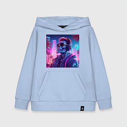 Толстовка детская хлопковая Скелет на фоне неонового города, цвет: мягкое небо