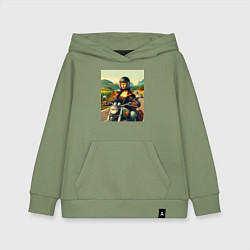 Толстовка детская хлопковая Mona Lisa on a motorcycle - ai art, цвет: авокадо