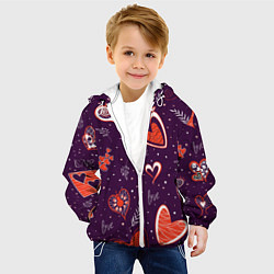 Куртка с капюшоном детская Красно-белые сердечки и слово love на темно фиолет, цвет: 3D-белый — фото 2