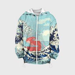 Куртка с капюшоном детская Морской пейзаж с большими волнами на закате, цвет: 3D-белый