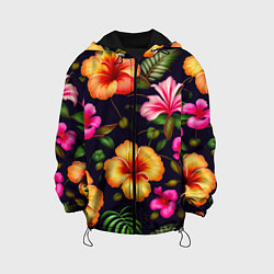 Куртка с капюшоном детская Гавайские цветы узор, цвет: 3D-черный