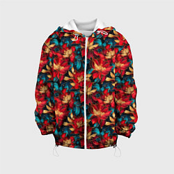 Куртка с капюшоном детская Красные цветы с синими листьями узор, цвет: 3D-белый