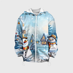Куртка с капюшоном детская Новогодний городок и снеговики, цвет: 3D-белый
