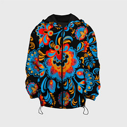 Куртка с капюшоном детская Хохломская роспись разноцветные цветы на чёроном ф, цвет: 3D-черный