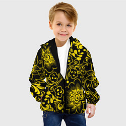 Куртка с капюшоном детская Хохломская роспись золотые цветы на чёроном фоне, цвет: 3D-черный — фото 2