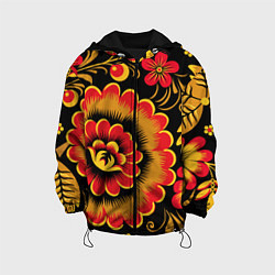Куртка с капюшоном детская Хохломская роспись красно-жёлтые цветы на чёрном ф, цвет: 3D-черный