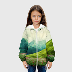 Куртка с капюшоном детская Горы и поле с цветами - зеленый пейзаж, цвет: 3D-белый — фото 2