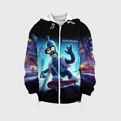 Куртка с капюшоном детская Bender is a skateboarder in neon street - ai art, цвет: 3D-белый