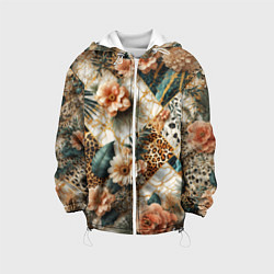 Куртка с капюшоном детская Цветы на кусках мрамора и леопардовом узоре, цвет: 3D-белый