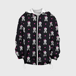 Куртка с капюшоном детская Милый паттерн с черепами и сердцечками на черном ф, цвет: 3D-белый