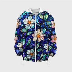 Куртка с капюшоном детская Цветочный тёмно-синий витраж, цвет: 3D-белый