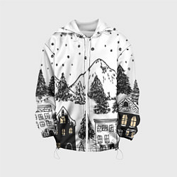 Куртка с капюшоном детская Заснеженный черно-белый город, цвет: 3D-белый