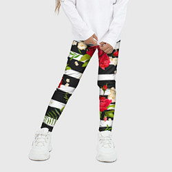 Леггинсы для девочки Красные розы на черных полосках, цвет: 3D-принт — фото 2