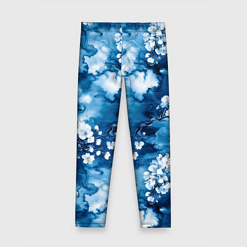 Детские легинсы Цветы белой сакуры - паттерн на синем фоне / 3D-принт – фото 2
