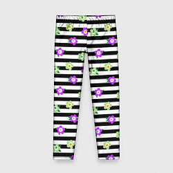 Леггинсы для девочки Фиолетовые зеленый цветы на черно белом полосатом, цвет: 3D-принт