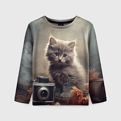 Лонгслив детский Серый котенок, винтажное фото, цвет: 3D-принт