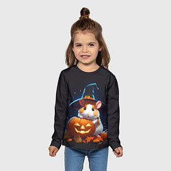 Лонгслив детский Хомяк в шляпе ведьмы и тыква на Хэллоуин, цвет: 3D-принт — фото 2