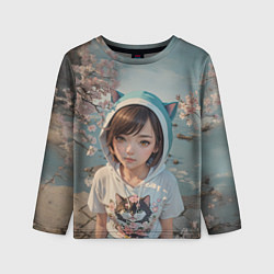Лонгслив детский Девчонка в капюшоне с ушками, цвет: 3D-принт