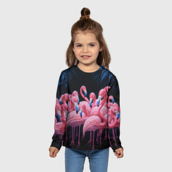 Лонгслив детский Стая розовых фламинго в темноте, цвет: 3D-принт — фото 2