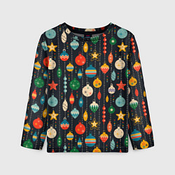 Лонгслив детский Новогодние ёлочные игрушки на черном фоне, цвет: 3D-принт