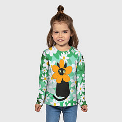 Лонгслив детский Черный кот хиппи в костюме цветочка, цвет: 3D-принт — фото 2