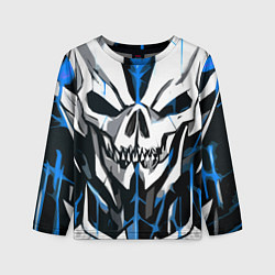 Лонгслив детский Белый череп и синие полосы на чёрном фоне, цвет: 3D-принт