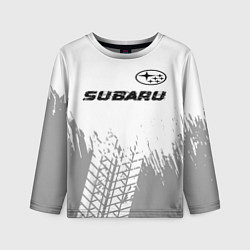 Детский лонгслив Subaru speed на светлом фоне со следами шин посере