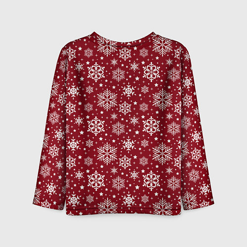 Детский лонгслив Новогодний узор - белые снежинки на красном фоне / 3D-принт – фото 2