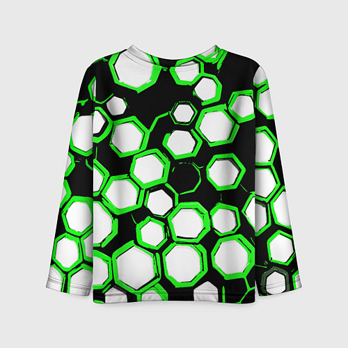 Детский лонгслив Бело-зелёные шестиугольники на чёрном фоне / 3D-принт – фото 2