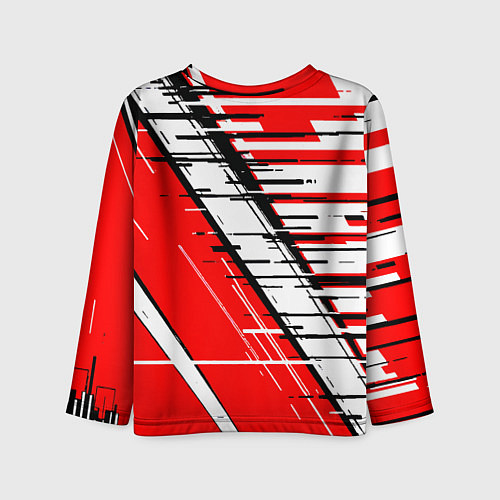 Детский лонгслив Чёрно-белые глитч полосы на красном фоне / 3D-принт – фото 2