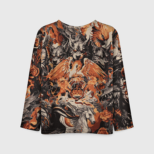 Детский лонгслив Логотип Queen на фоне мифических животных / 3D-принт – фото 2