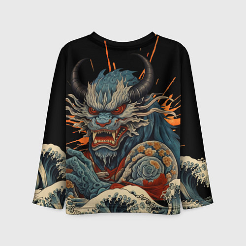 Детский лонгслив Японский дракон и волны в стиле тату ирезуми / 3D-принт – фото 2