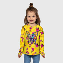 Лонгслив детский Слон с крыльями бабочки на цветочном фоне, цвет: 3D-принт — фото 2