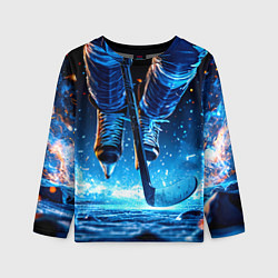 Детский лонгслив Хоккеист в синем пламени