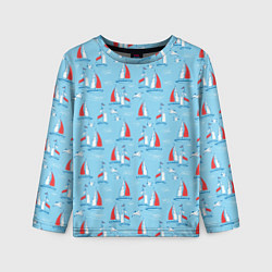Лонгслив детский Морской паттерн с парусными лодками и чайками, цвет: 3D-принт