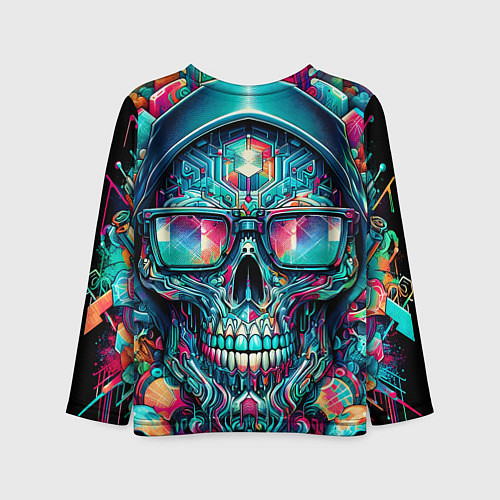 Детский лонгслив Кибер череп в балахоне и очках - нейроарт фантазия / 3D-принт – фото 2