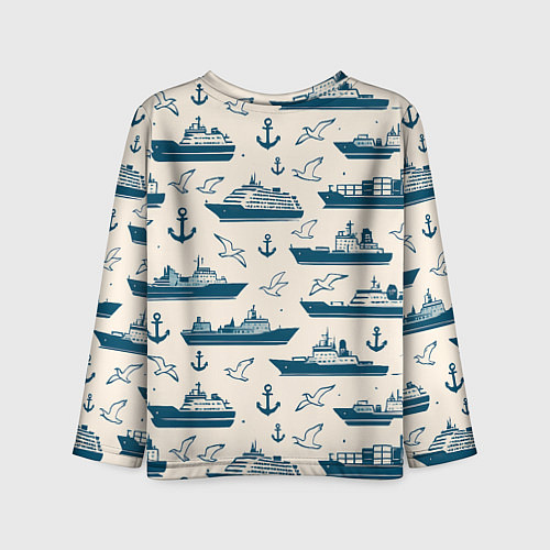 Детский лонгслив Морской паттерн из чаек, якорей и кораблей / 3D-принт – фото 2