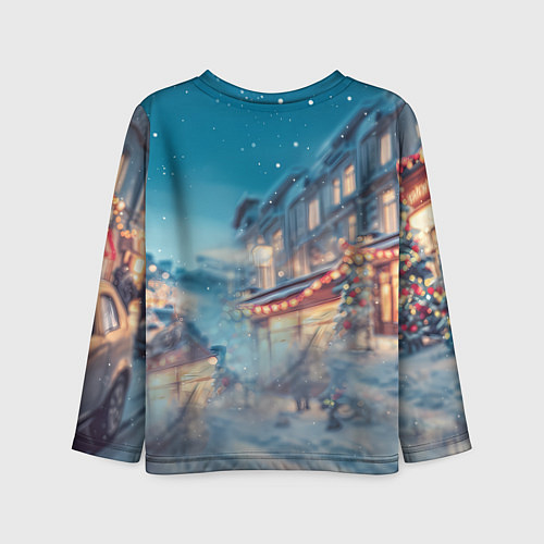 Детский лонгслив Лошадь на фоне новогодней улицы / 3D-принт – фото 2