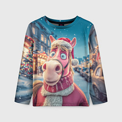 Детский лонгслив Лошадь на фоне новогодней улицы