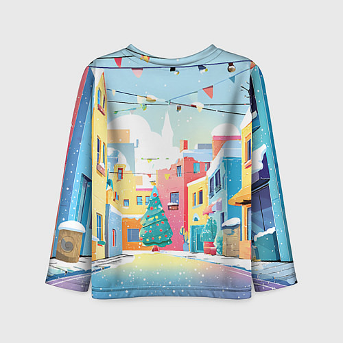 Детский лонгслив Разноцветный новогодний дворик / 3D-принт – фото 2