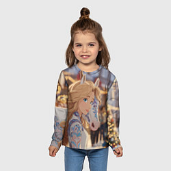 Лонгслив детский Блондинка с новогодней лошадкой, цвет: 3D-принт — фото 2