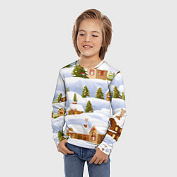 Лонгслив детский Новогодние домики и елочки, цвет: 3D-принт — фото 2