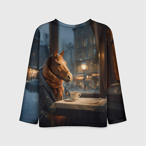 Детский лонгслив Лошадь в кафе ищет новогоднее настроение / 3D-принт – фото 2