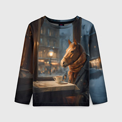 Лонгслив детский Лошадь в кафе ищет новогоднее настроение, цвет: 3D-принт