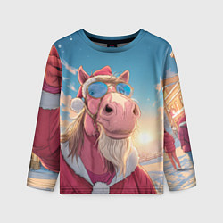 Лонгслив детский Новогодний конь сэлфи, цвет: 3D-принт